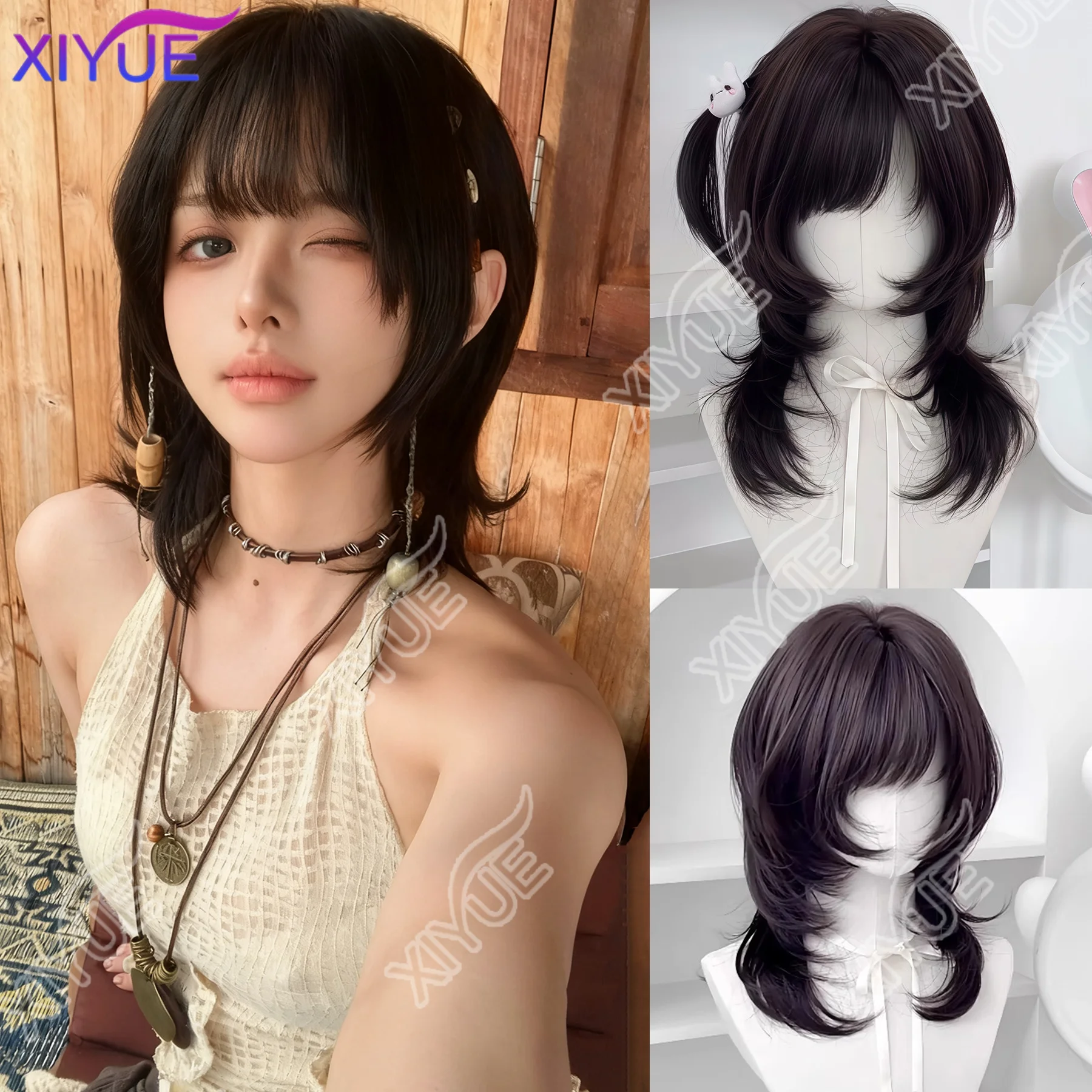 

XIYUE женский милый синтетический парик Лолиты с прямой челкой, японский высокослойный стиль медузы, полная шапочка, волосы для косплея