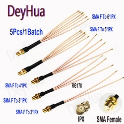 Wi-Fi Antena Extensão Jumper Pigtail, SMA para IPX Splitter, SMA Feminino para 2 3 4 5 6 x U.fl IPEX1 Feminino, RG178 Cabo, 5pcs