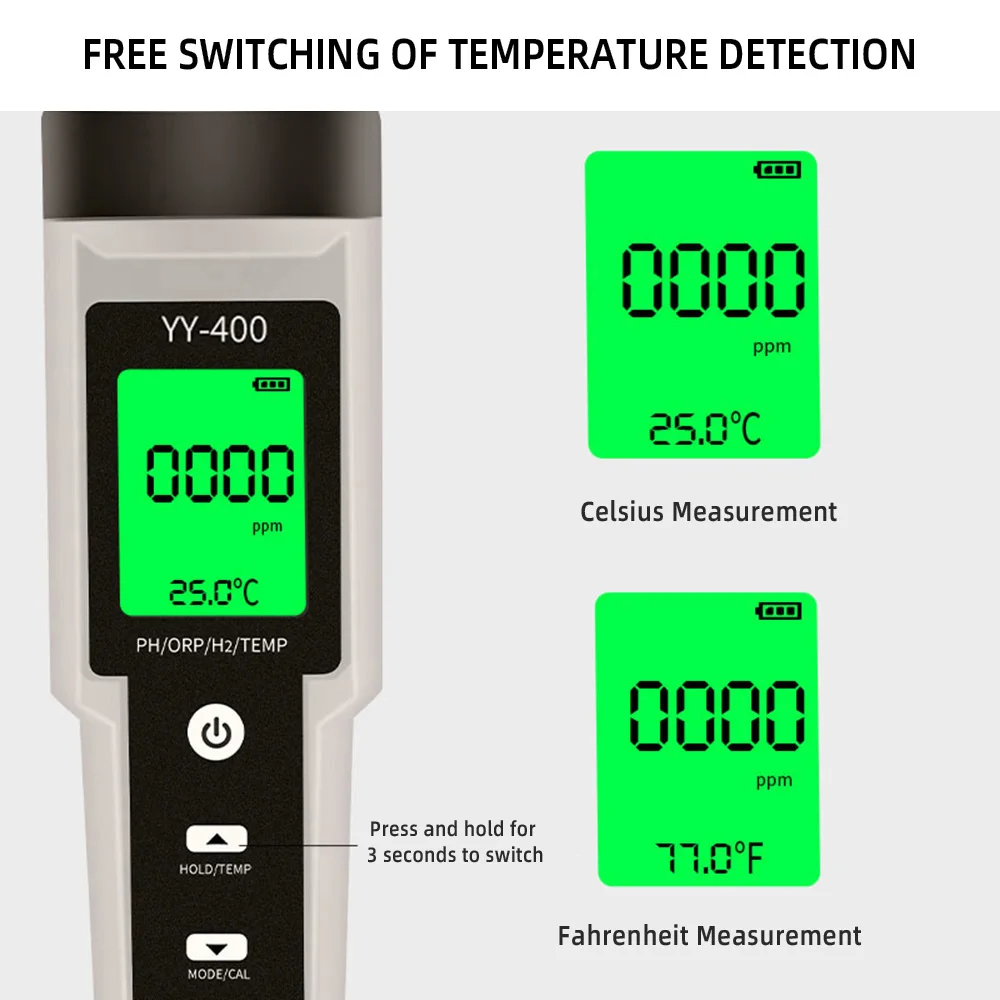 4 in 1 H2/PH/ORP/TEMP Meter LCD Backlight Digital Water Quality Monitor Tester PH Meter for Pools, Drinking Water, Aquariums