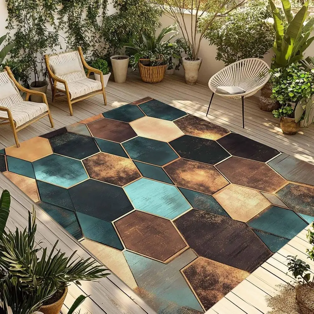 

6x9ft Moroccan-Inspired Hexagon Art Outdoor Rug - Large Vintage Geometric Patio Mat for Deck, Porch, and Indoor Living