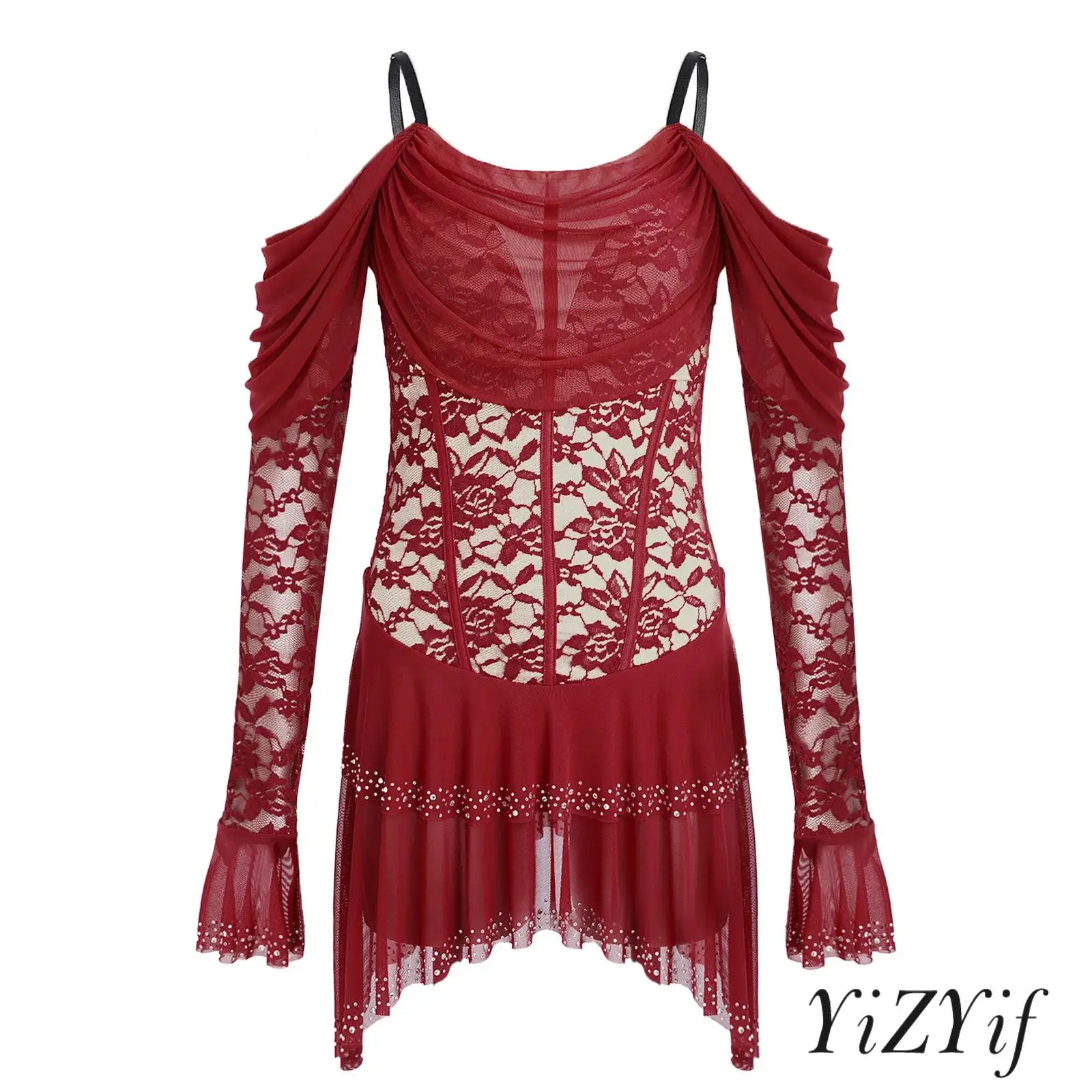 

Latin Salsa Tango Dance Dress for Women Ruched Mesh Cold Shoulders Floral Lace Trim Bodysuit Dresses for Ballet Jazz Dance