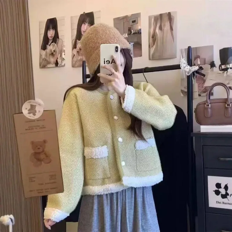 

Осень-зима 2025 г., женский свободный короткий свитер, топ, кардиган с длинными рукавами, элегантная и универсальная куртка