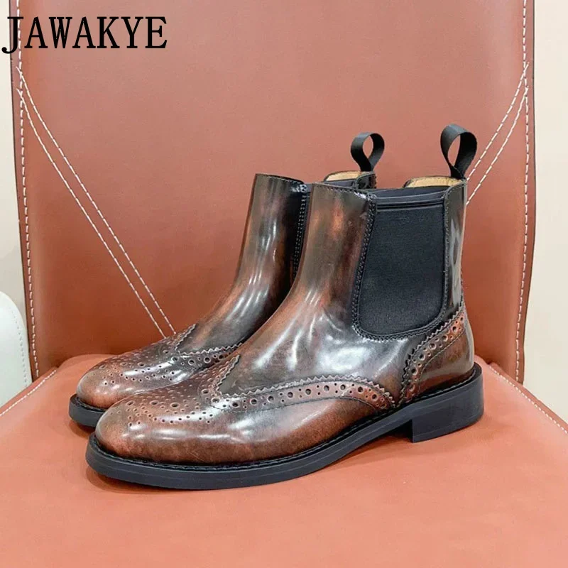 

Genuine Leather British Style Retro Carved Elastic Chelsea Boots Winter Brand New Ankle Boots Shiny Leather Winter Shoes Women