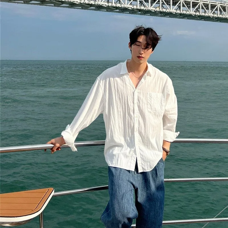 Premium Men's Casual Cotton Linen Blend Long Sleeve Shirt, Breathable Sun Protection, Loose Folded Texture, Cool Summer Thin