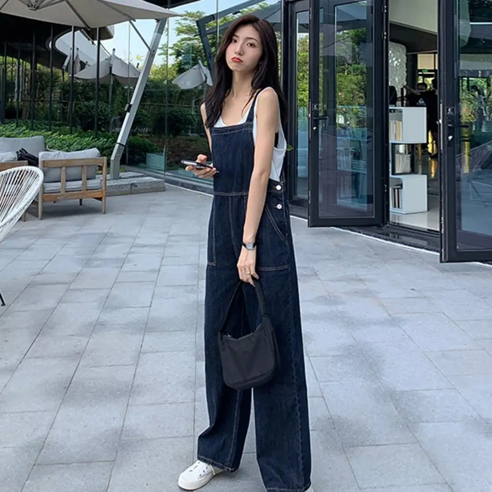 Loose Wide-leg Jumpsuit Women's Denim Jumpsuits Sleeveless Square Neck Wide Leg Pant Rompers Summer Casual Overalls with Pockets