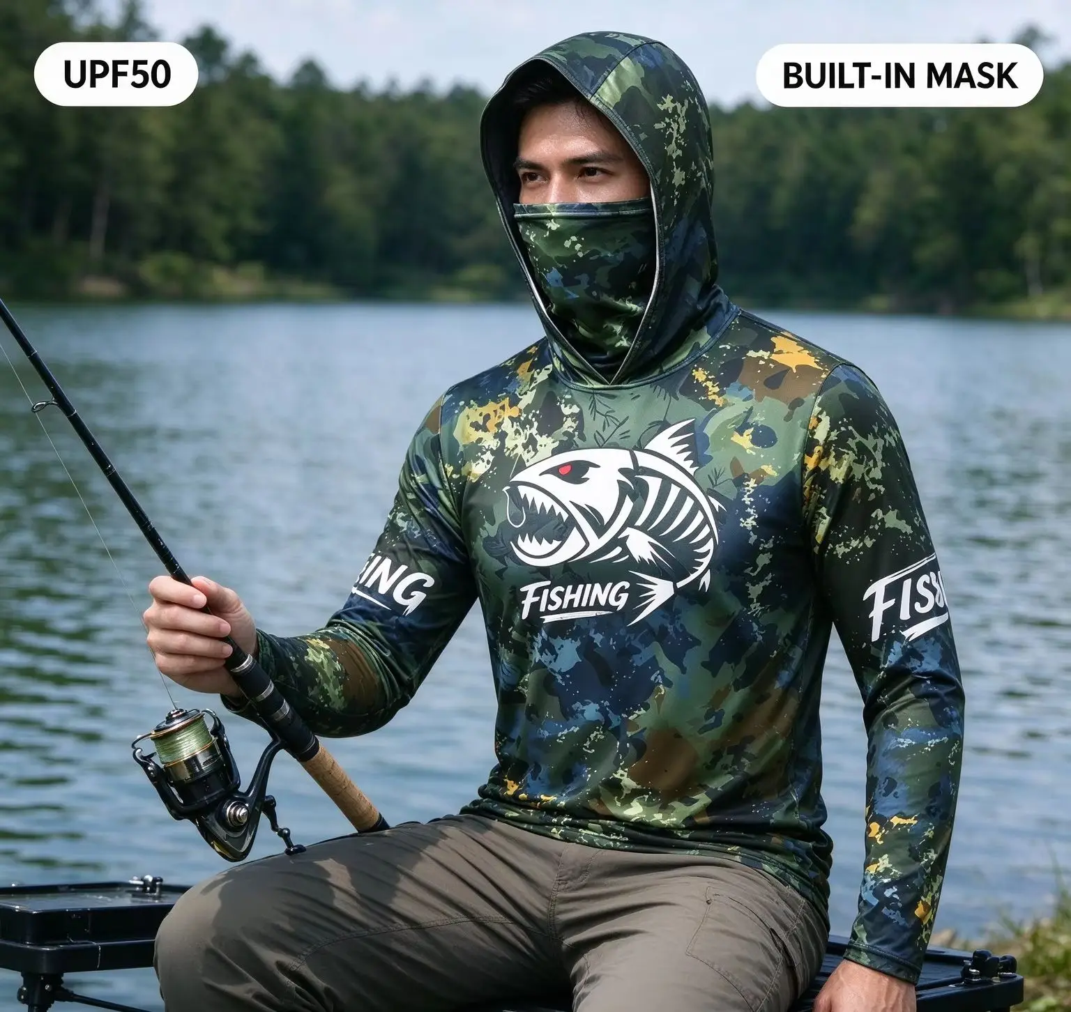 Men Skeleton Fish Print UPF50+ Fishing Shirt Hooded With Face Mask Long Sleeve Quick Dry Anti‑UV Breathable Outdoor Angling Tops image 4