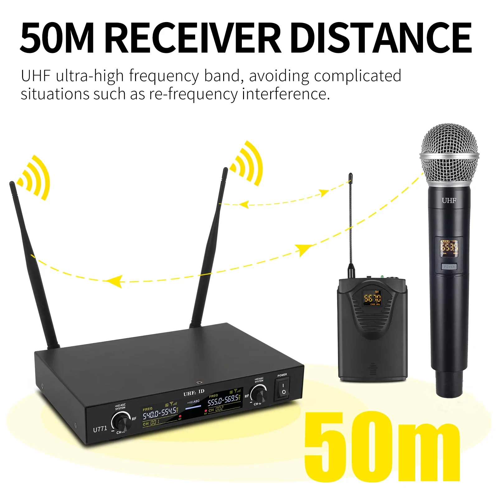 XTUGA U771 2 Channel Adjustable Frequency UHF Karaoke Wireless Microphone Dual Wireless Microphone Plastic Dynamic Microphone