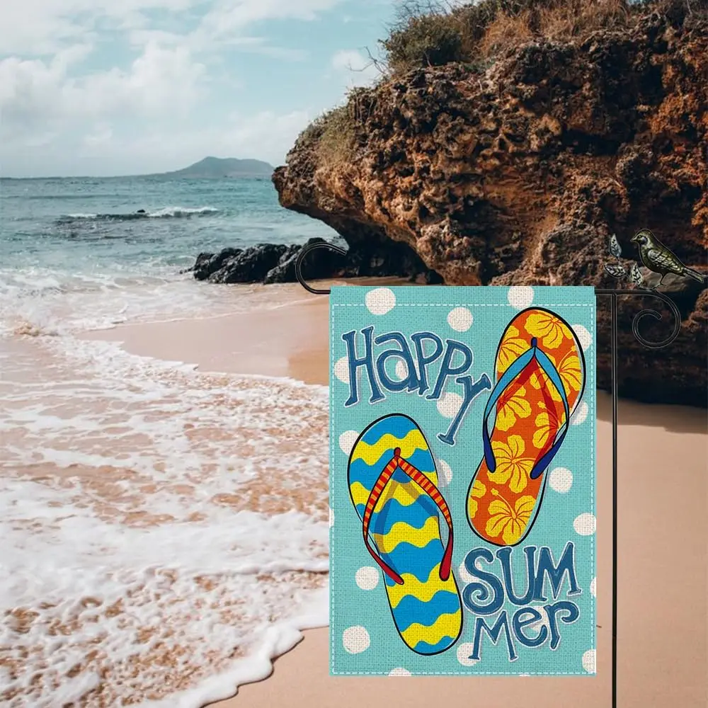 Happy Summer Garden Flag 12.5 x 18 Inch, Flip Flops Welcome Double Sided Decorative Flag for Outside Yard Lawn Outdoor Decoratio