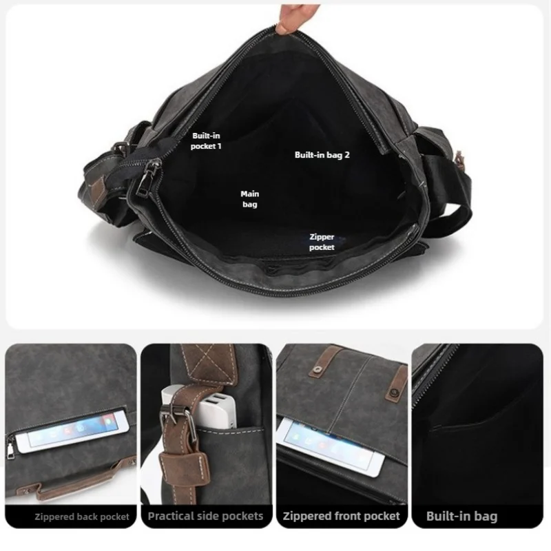 حقيبة كتف واحدة عصرية جديدة للرجال، حقيبة كروس بسيطة ذات سعة كبيرة، حقيبة ساعي البريد أفقية ريترو متعددة الوظائف #4