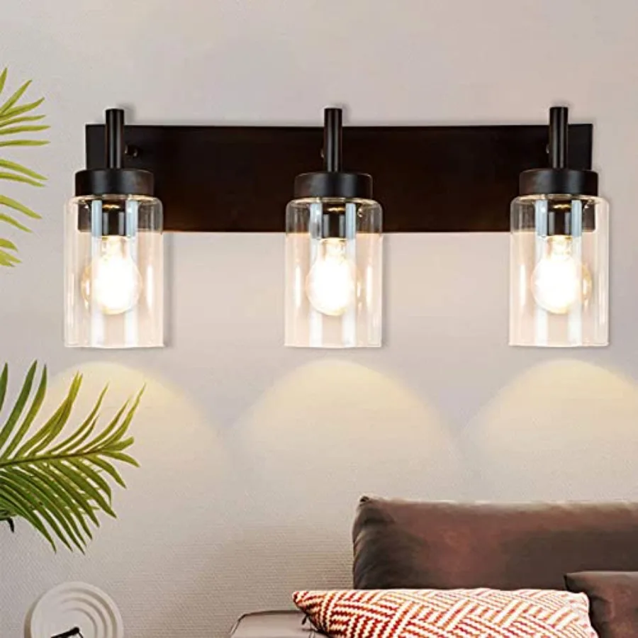 DLLT Wall Light Fixture, Vintage Bathroom Vanity Light with 3 Clear Glass Shade, Wall Sconces Lamp for Powder Room, Hallway, Ki