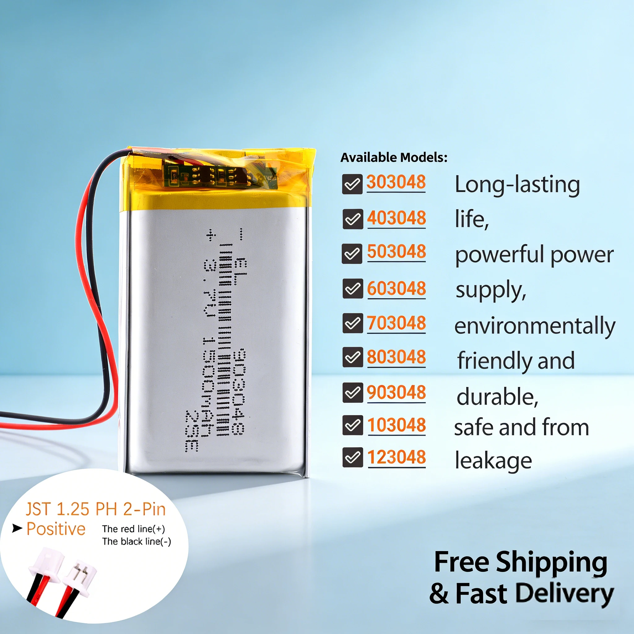 

1500mAh 3.7V 103048 Lipo Battery with JST 1.25mm 2Pin Connector Rechargeable Lithium Polymer for GPS Speaker 803048 123048