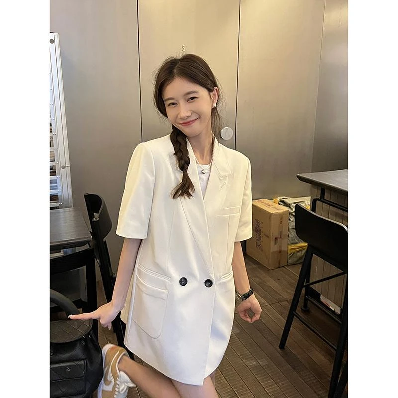 French Style Niche Mid-length Short-sleeved Suit Jacket Women's 2024 Summer New Korean-style Loose Slimming All-match Suit Top