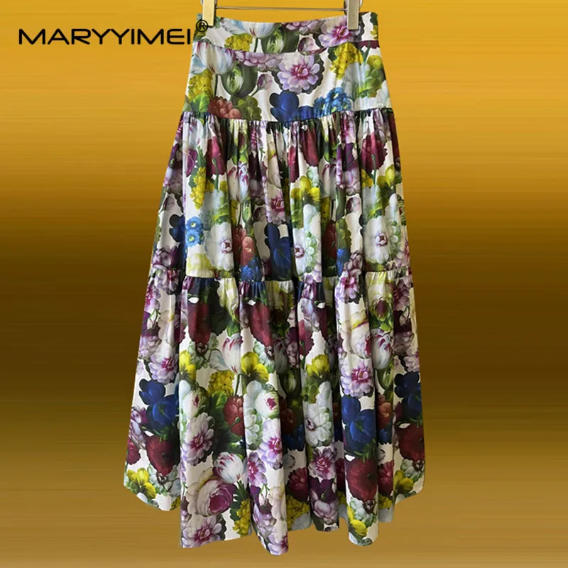 MARYYIMEI New Pure Cotton Hyacinth Print Mid-Length Skirt Matching Poplin Goddess Temperament Seaside Holiday Skirt Spring Summe