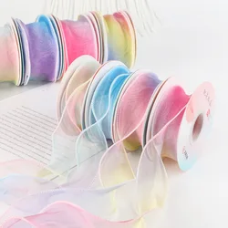 10Yards/Roll Gradient Color Chiffon Ribbon Organza Rainbow Border Wave for Bouquets Cake Bow Gift Wrapping Wedding Party Decor