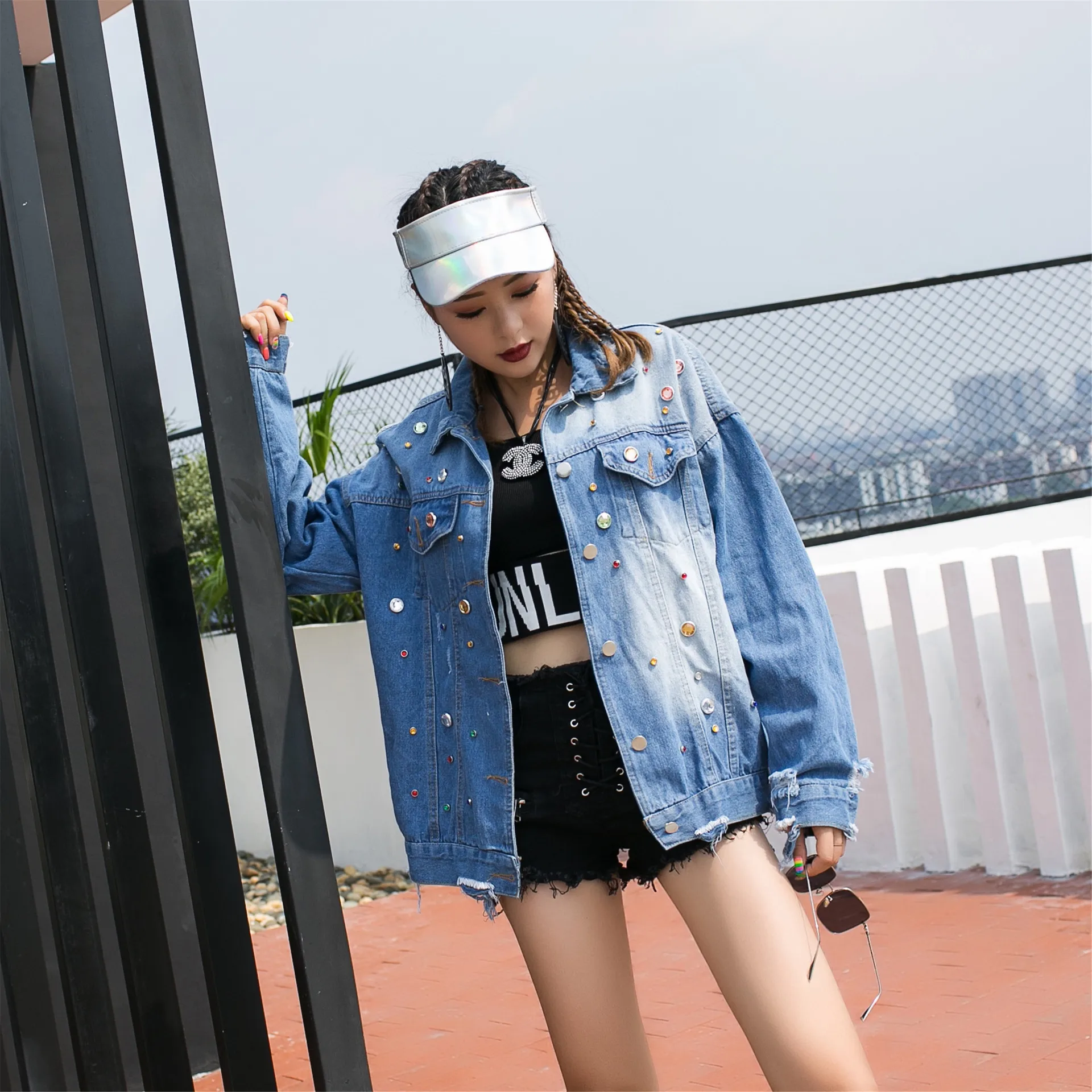 Stylewomen's Jacketwomen's New Denim Spring And Autumn New Retro Washing Fashion Beauty Print Heavy-Duty Diamond-Studded Long Sl