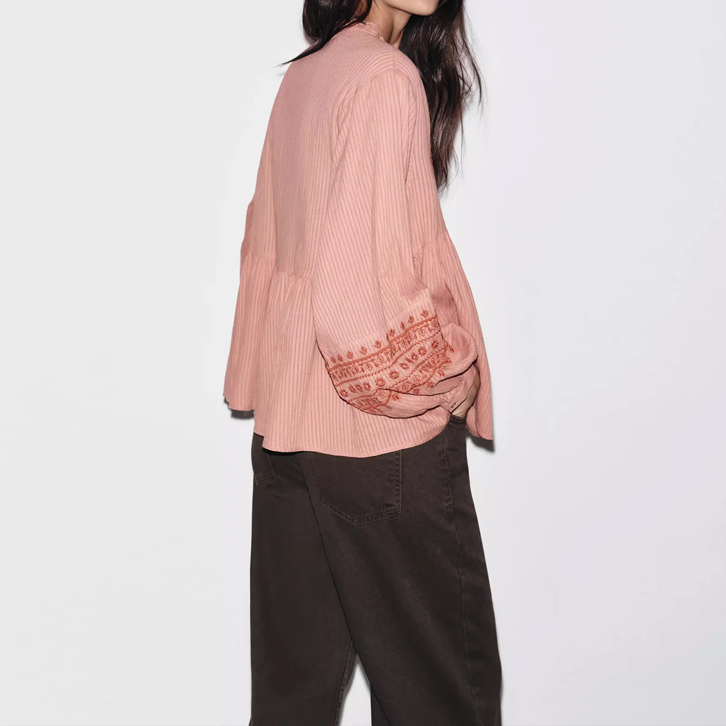 Casual geborduurde kleur Blo irt Dames Faion Herfst 2025Z Loose Fit Lange Sve Tie Taille Normale lengte