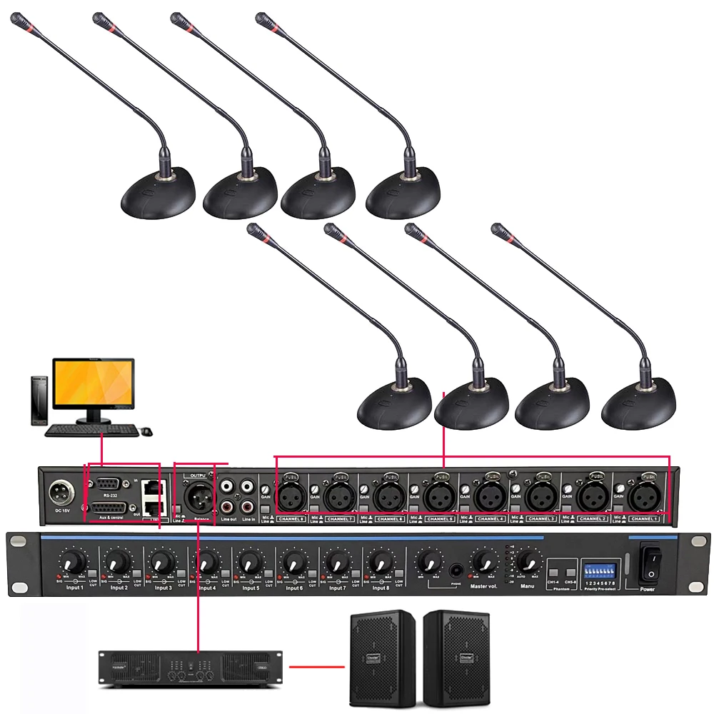 

Pro 8 Channel 48V Phantom Power Supply Controller With 8 Desk Conference Gooseneck Microphone Audio Hub 5m Cable Volume Control