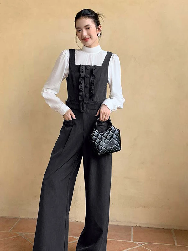 

Модный ретро-комбинезон с оборками и эффектом утяжки талии, состоящий из двух частей, с поясом, с высокой талией и широкими штанинами