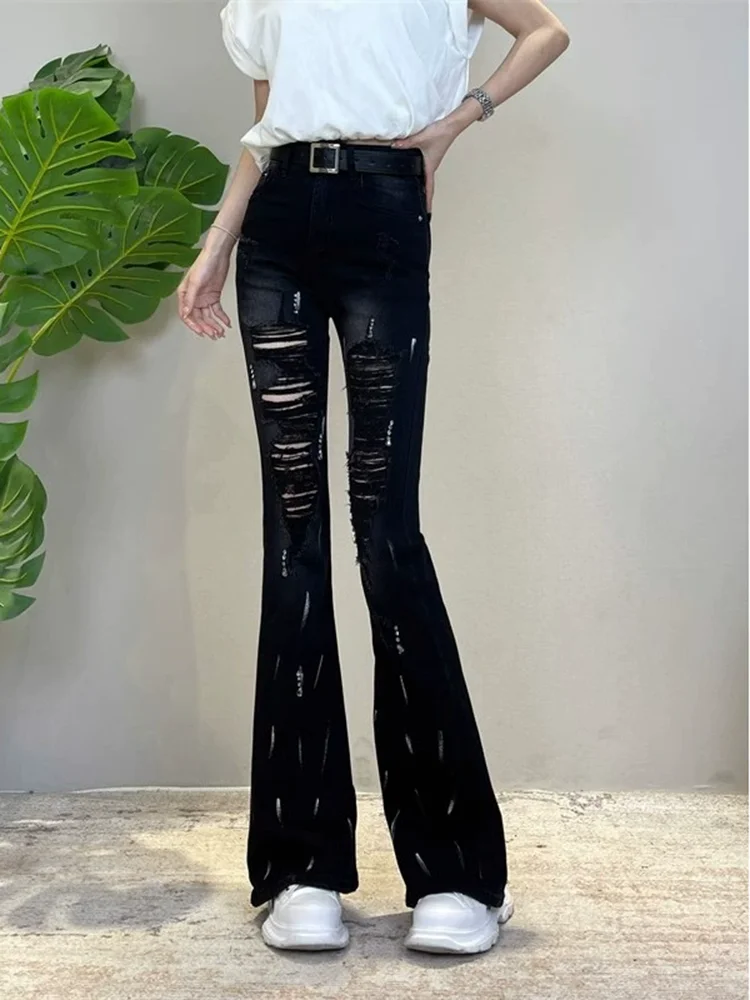 ハイウエストファッションリッピングブーツカットジーンズ女性のカジュアルスリムレトロデニムパンツヴィンテージストリートワイドレッグストレート Vaqueros