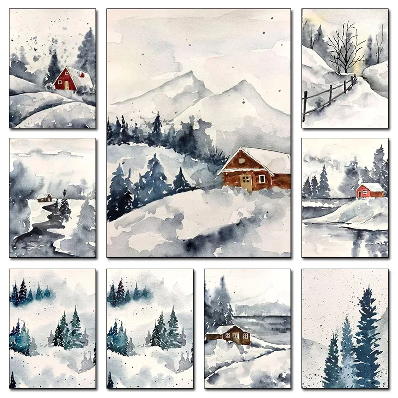 Frameless Canvas Painting Nature Watercolor Poster Villages Snowy Rivers Landscape Painting Canvas Printing Home Wall Art Decora