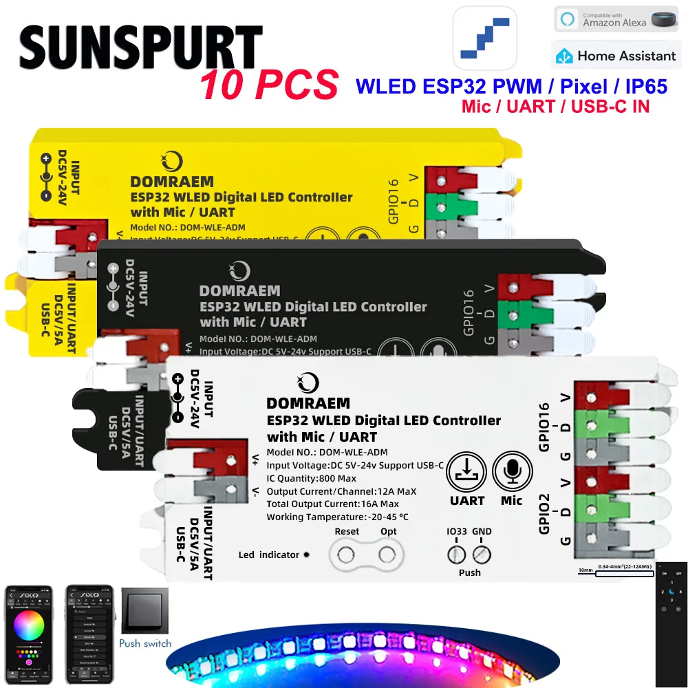 1-10PC ESP32/8266 WLED SPI PWM 5 IN1Controller with Mic UART USB-C Addressable LED Controller for WS2812B/11/13/15 SK6812 RGBCCT