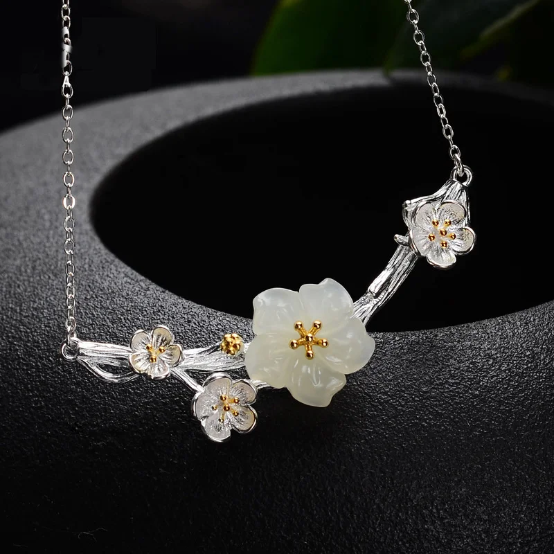 Top Quality 925 Sterling Silver Chain Necklace For Lady Jewelry Set Exquisite Jade Cherry Blossom Necklace Pendant Women Gift