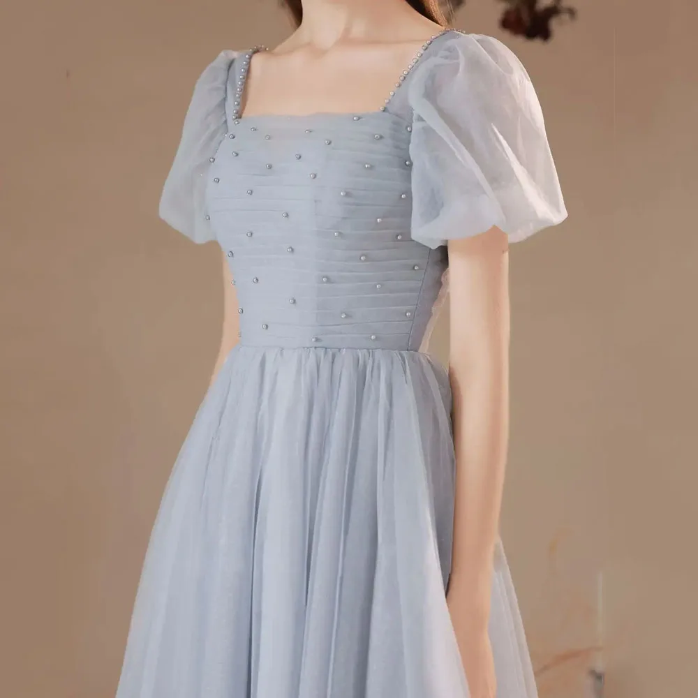 MOBEYE 2024 Short Tulle Blue Square Neck Evening Gown A-line Sleeves Beaded Tea Length Women’s Evening Gown