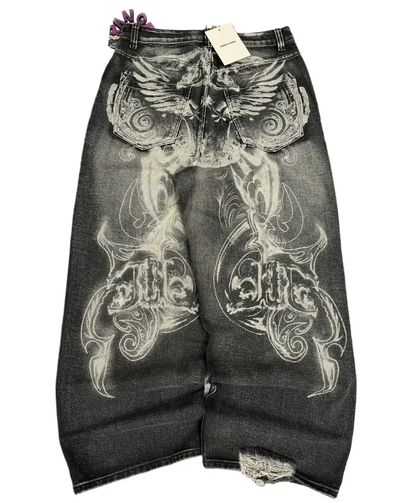 Jaede Lindon الجناح طباعة الجينز الرجعية القوطية العصرية السراويل فضفاضة المتضخم غسلها الهيب هوب Harajuku نمط زوجين السراويل واسعة #4