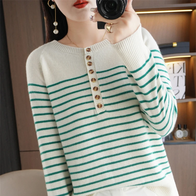 2023 Women's Autumn and Winter New Stripe Long Sleeve Knitted Bottom Sweater Short Sweater Loose Casual Laydown Sweater