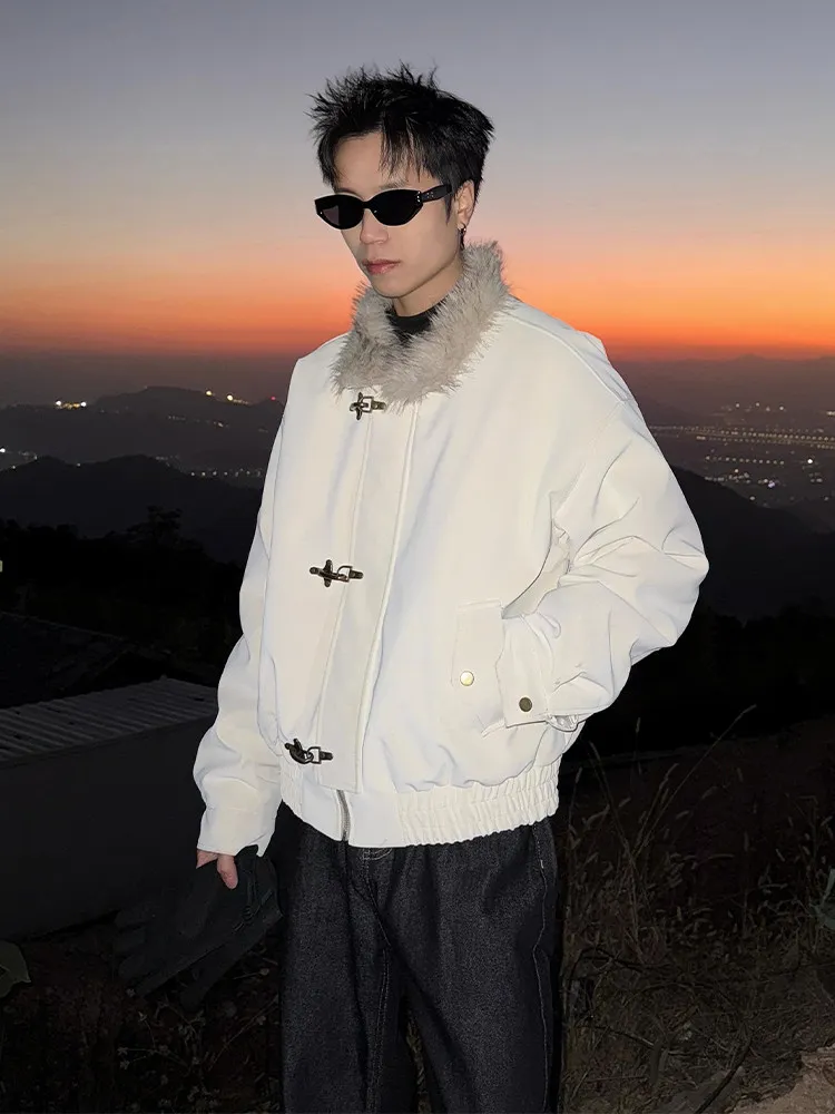 

American Sle ort Cotton Jaet with Fur Collar Loose Men's Pilot Coat Casual Outerwear Warm Long Sve Button up