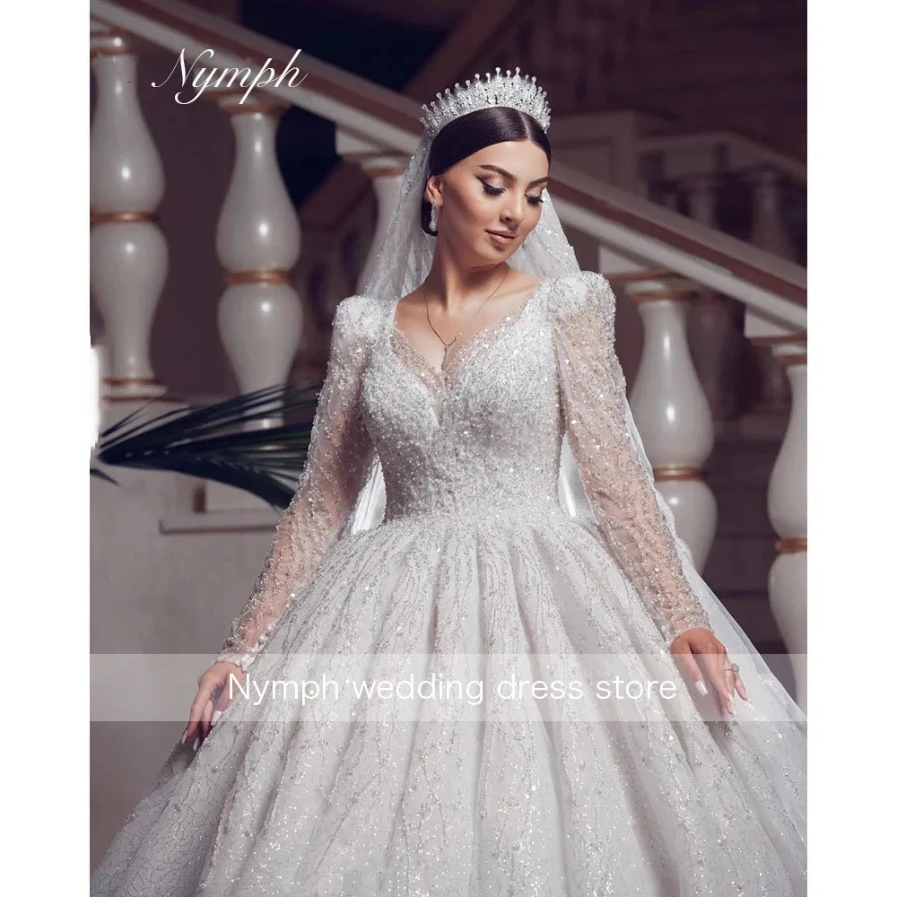 Elegant V Neck Sequined Beaded Wedding Dresses Women Long Sleeve Bridal Gowns Customized  Luxury Ball Gown vestidos de noiva