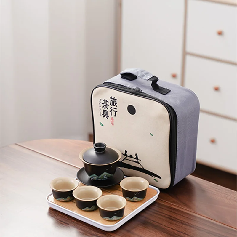 

Черный керамический дорожный чайный сервиз кунг-фу, портативный домашний уличный керамический чайник, чайная чашка, поднос для сухого заваривания, небольшой набор