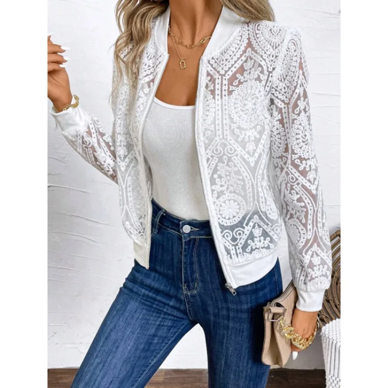 Women Transparent Lace Front Zipper Jacket, Fashion Comfortable Casual Coat Loose Outerwear for Vacation Daily Wear