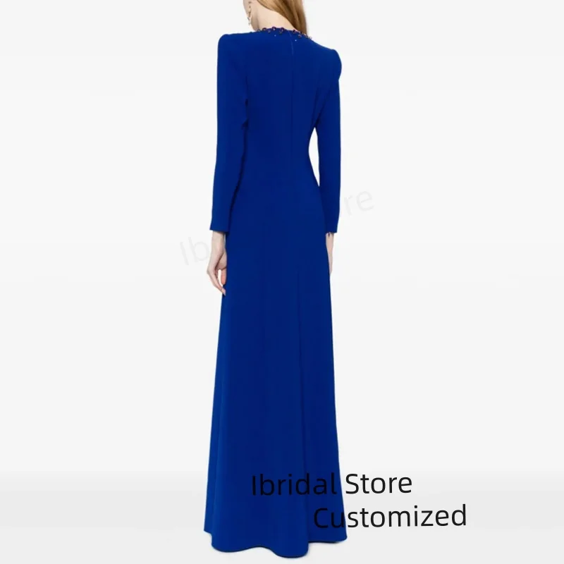 Vestido de noche elegante personalizado, vestidos de fiesta de boda con cuello en V profundo de cristal, vestido de noche Formal de sirena de manga larga para mujer