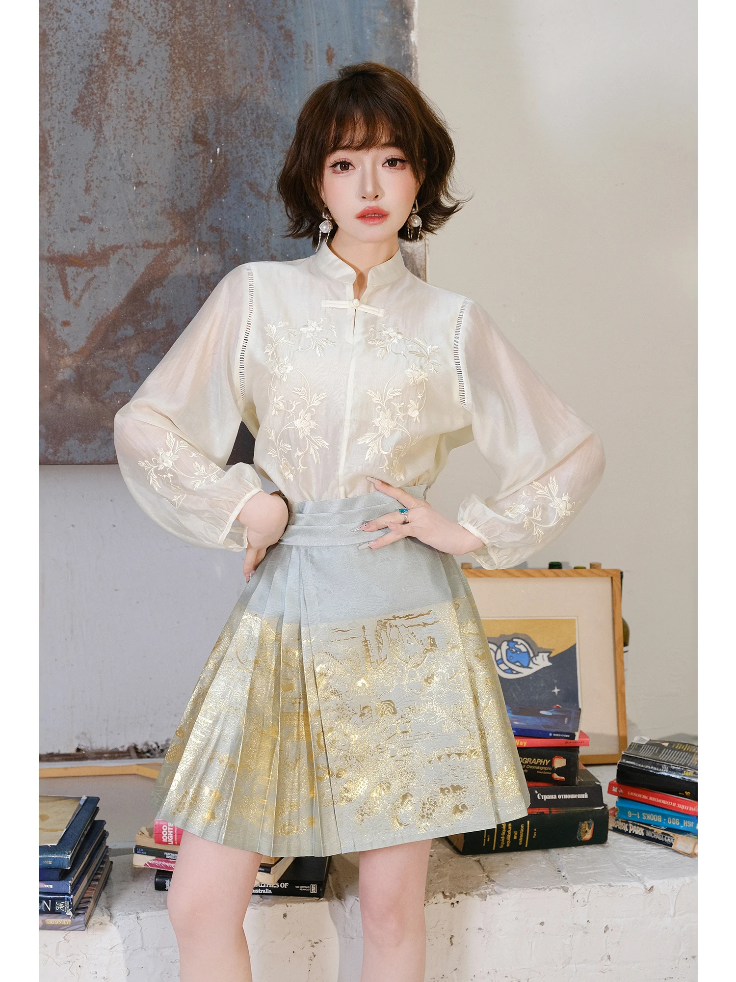 

MIUCO Chinese Style Embroidered Shirt And Short Skirt Set Women's Fashion Spring Autumn Gold Thread Heavy Work Tailed S...