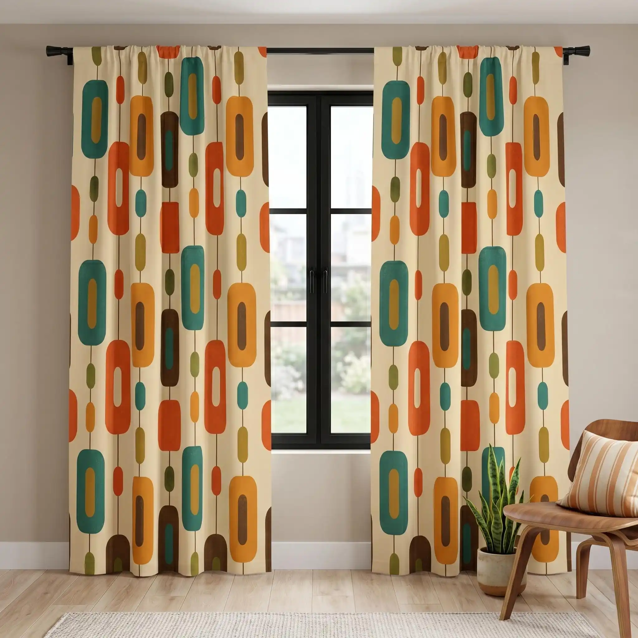 Modern Geometric Pattern Curtains Beige Orange Teal Living Room Drapes 50 Percent Light Filtering Home Decor