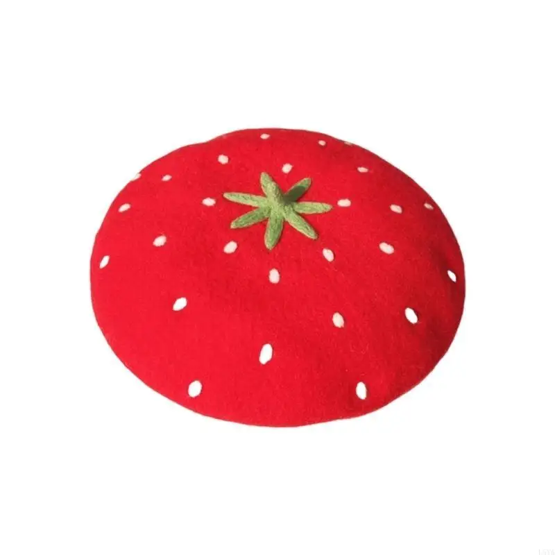 L5YA قبعة بيريه مزخرفة بالفراولة، قبعة بيريه مصنوعة يدويًا للعائلة، قبعة ذات أنماط حلوة لمظهر عصري #3