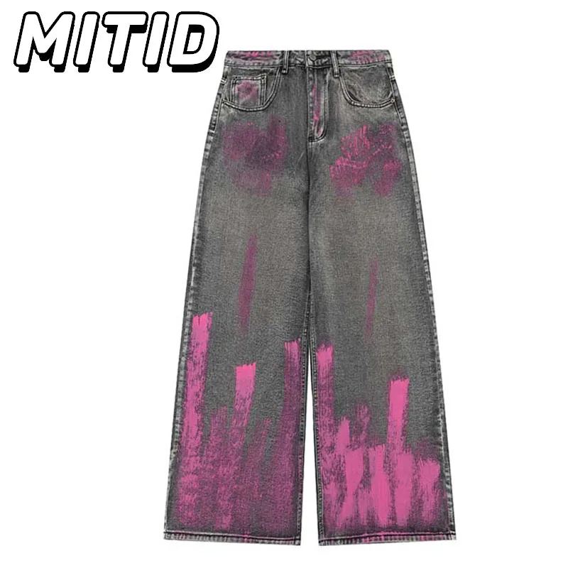 

High Street Jeans Men Graffiti Spray-painted Washed Distressed Jeans For Lovers Hip Hop Streetwear Straight Denim Pants Men