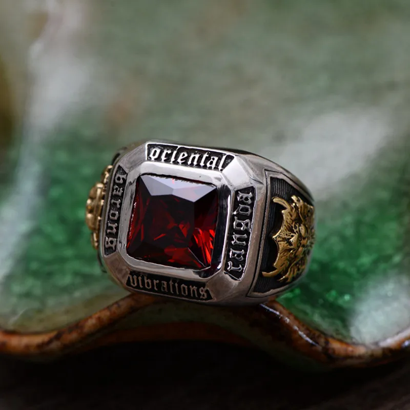 S925 Pure With Artificial Cut Red Crystal Antique Male Money Do Old Thai Silver Ring Retro Handmade Jewelry