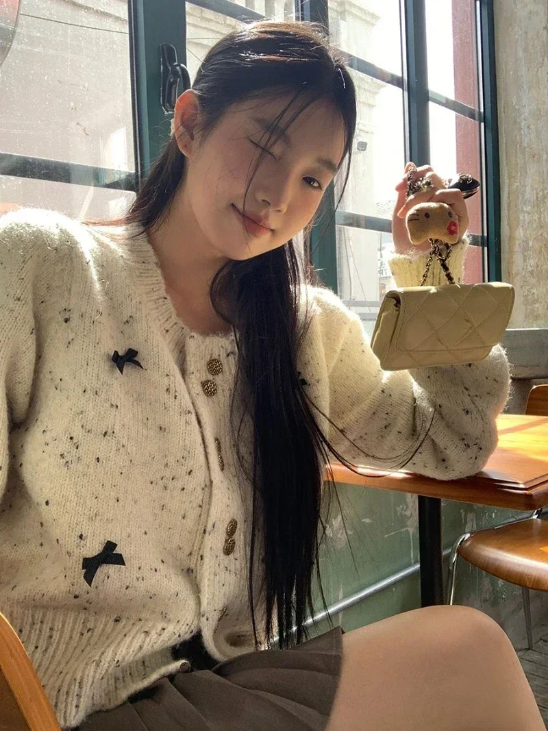 

Винтажный короткий свитер Mujer, тонкие укороченные топы Sueter, вязаный кардиган, куртка Pull Femme Y2k, корейская мода с бантом Feminino