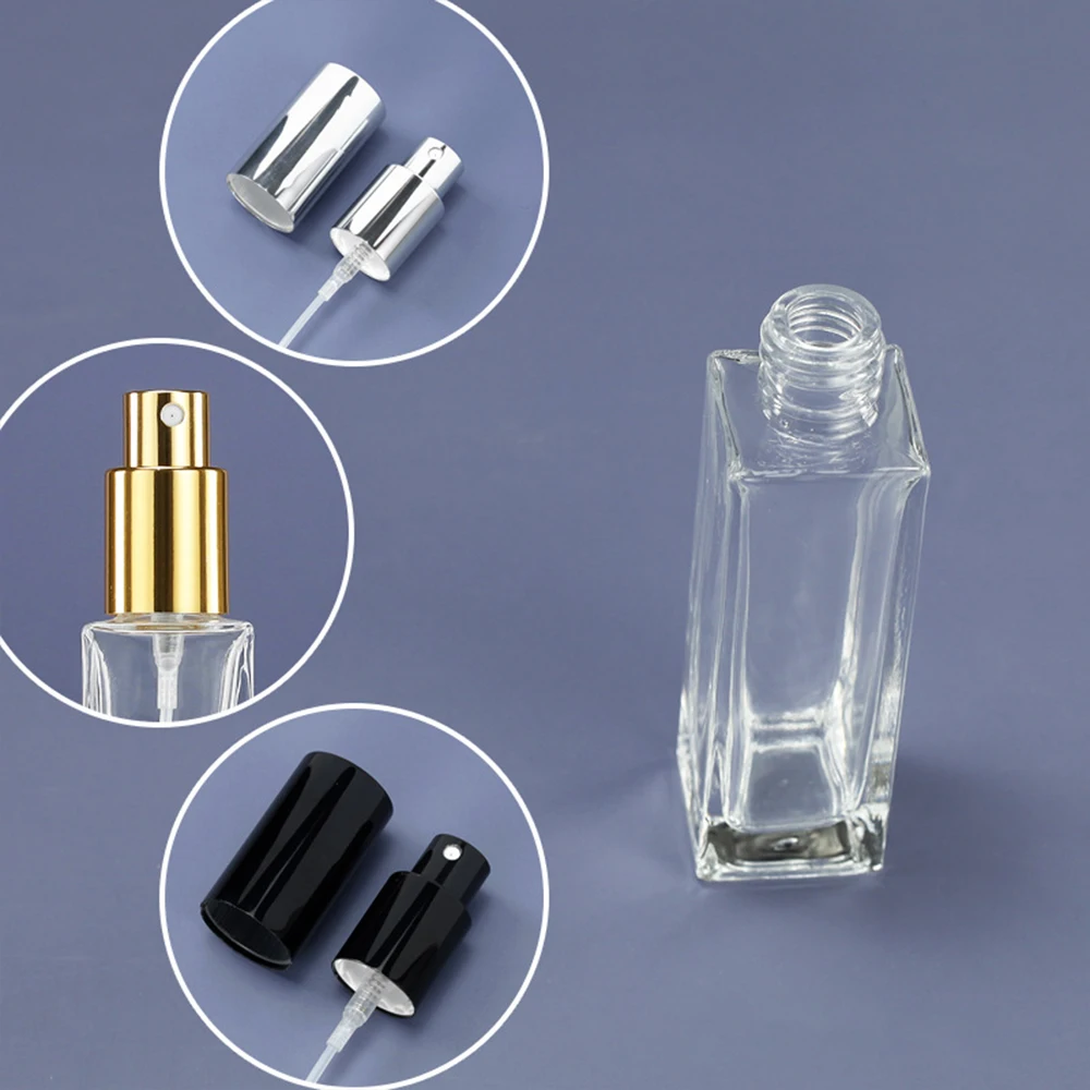 Flcopropriété pulvérisateur en verre transparent, flacons d\'échantillon, atomiseur de parfum, or, argent, bouchon noir, 3ml, 5ml, 10ml, 20ml, 30ml,