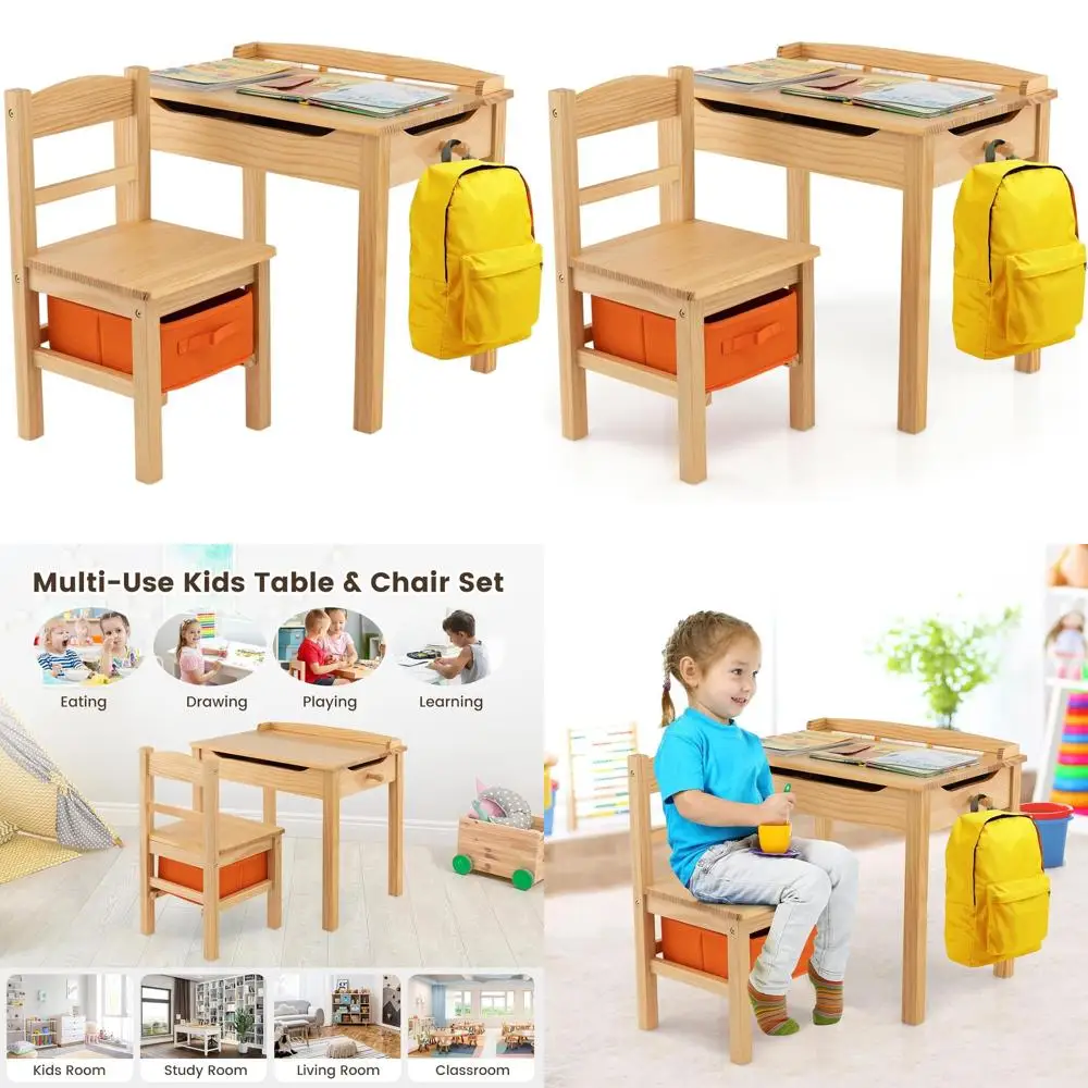 

Natural Wood Kids Desk & Chair Set with Lift-Top Storage for Art and Craft Activities, Ideal for Daycare and Kindergarten