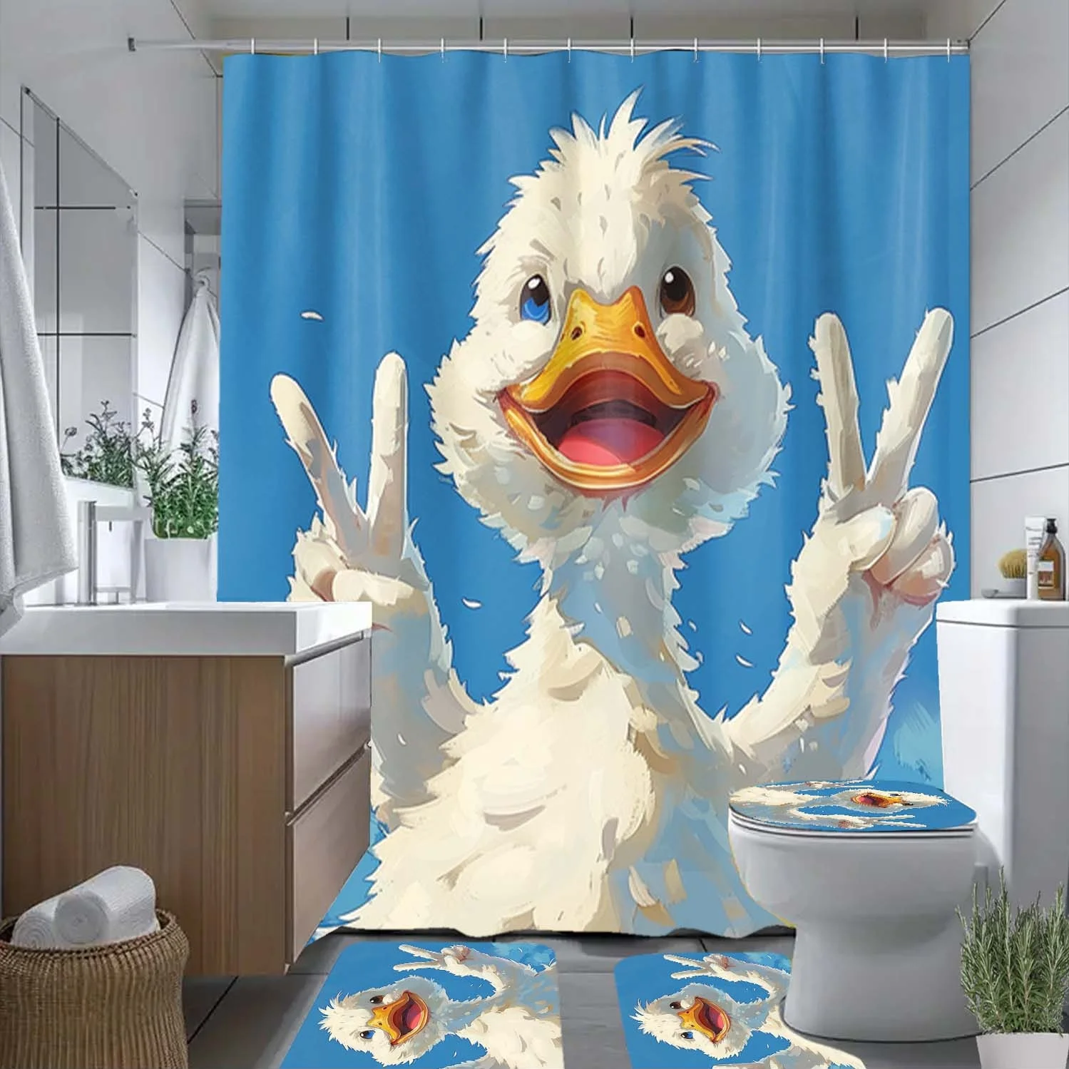 

4 шт., занавеска для душа с улыбающейся уткой и крючками-полиэстеровый декор для ванной комнаты, можно стирать в машине, химерный дизайн с мультяшной уткой для
