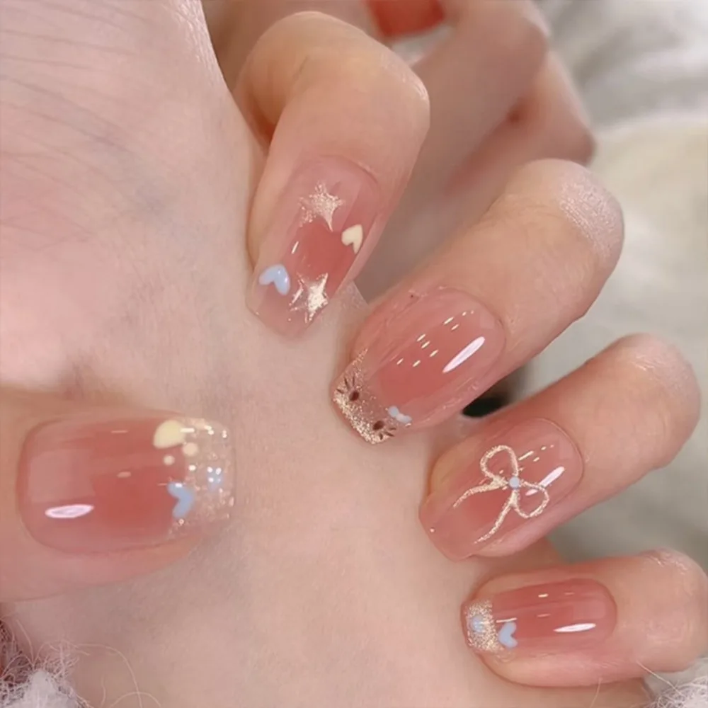 24pcs Press on Nails Short Square Fake Nails Cat Eye French Tip with Heart Bow Design Artificial Full Cover Glossy Stick on Nail