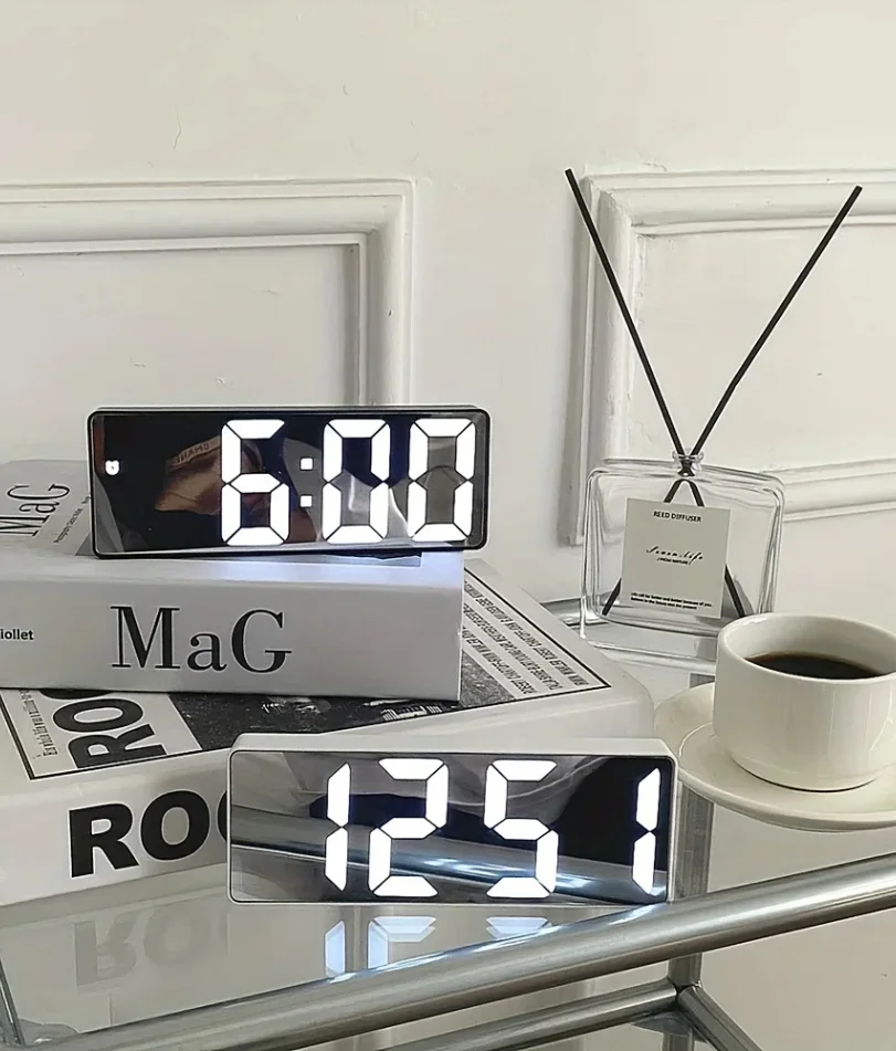 1pc Luminous Mirror Clock Dormitory Desktop LED Electronic Clock Digital Electronic Alarm Desktop Decoration Alarm Clock