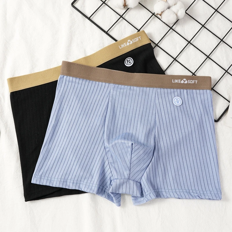 Men's Fashion Vertical Stripe Boxer Briefs Contrast Color Waistband Letter Print Underwear Teen Soft Breathable Underpants