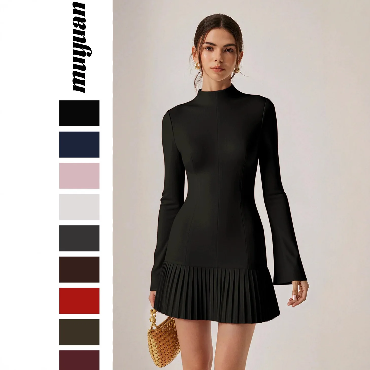 

Элегантное винтажное вязаное платье для женщин на осень-зиму, однотонное, плиссированное подол с длинными рукавами, многослойное платье в европейском и американском стиле