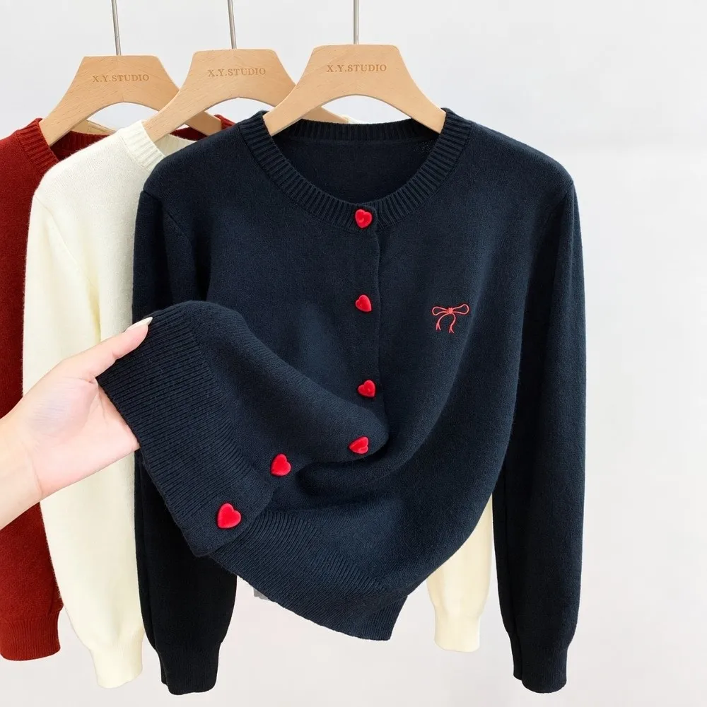 Elegant Bow Embroidery Knit Cardigan Heart-shaped Button Solid Color Women Sweater Women Cardigan