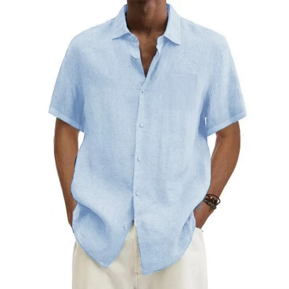 

Рубашка мужская с отложным воротником, хлопково-Льняная блуза с коротким рукавом, Повседневная блуза в пляжном стиле, однотонная, лето