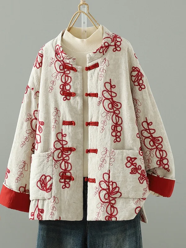 Authentic New Chinese Sle National Print Cotton Jaet Autumn Winter Thiened Long Sve Stand Collar Single Button Coat